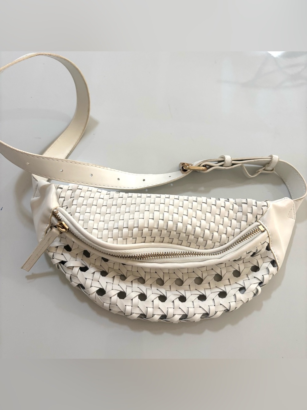 White Woven Faux Leather Crescent Belt Bag Fanny Pack Crossbody Bag